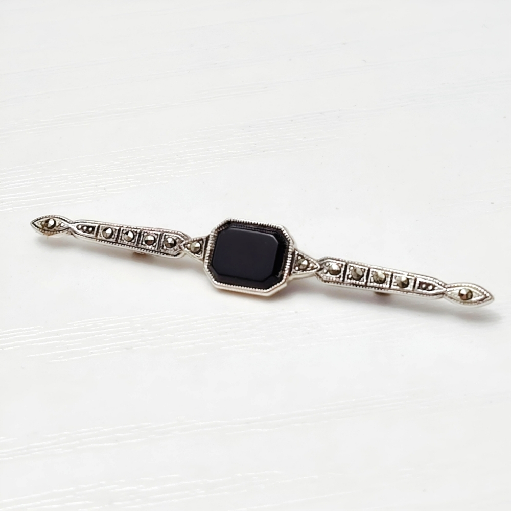 Antique Sterling Silver Black Onyx Marcasite Bar Brooch Pin